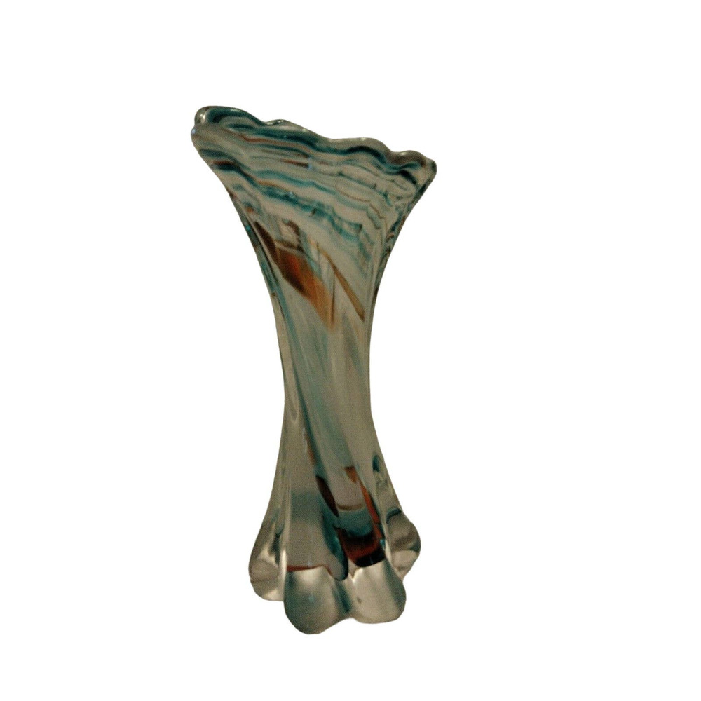 Vtg Art Glass Swung Stretch Vase Swirl Hand Blown Red White Aqua Blue Petal Base